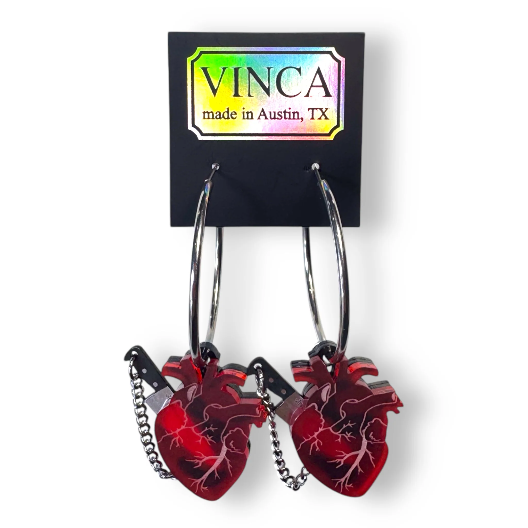 Chopped Heart Hoops - Drop Dead Red Silver Hoops - Image 3