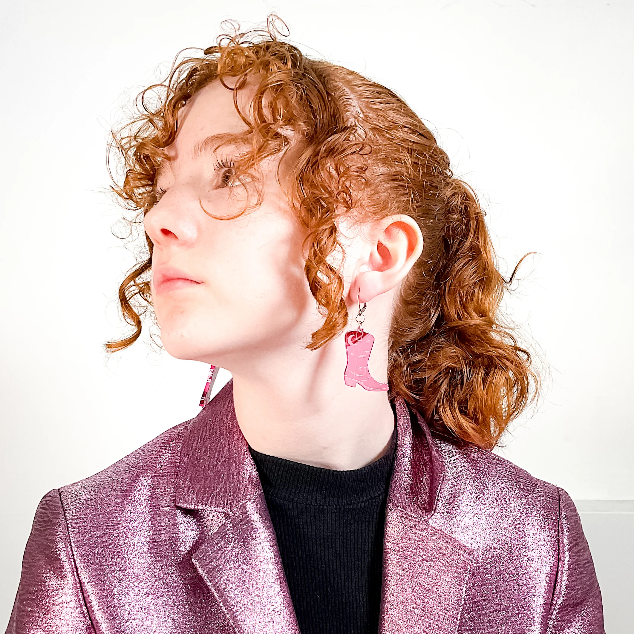 Space Cowboy Boot Dangle Earrings - Mirror Pink - Image 2