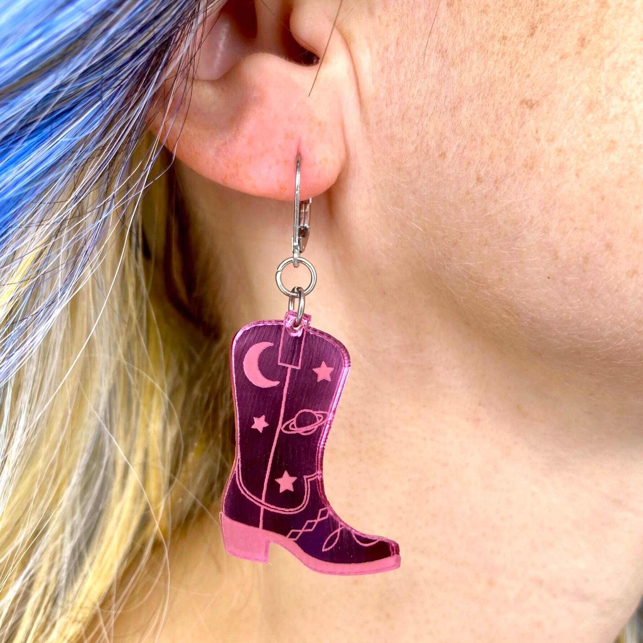 Space Cowboy Boot Dangle Earrings - Mirror Pink - Image 3