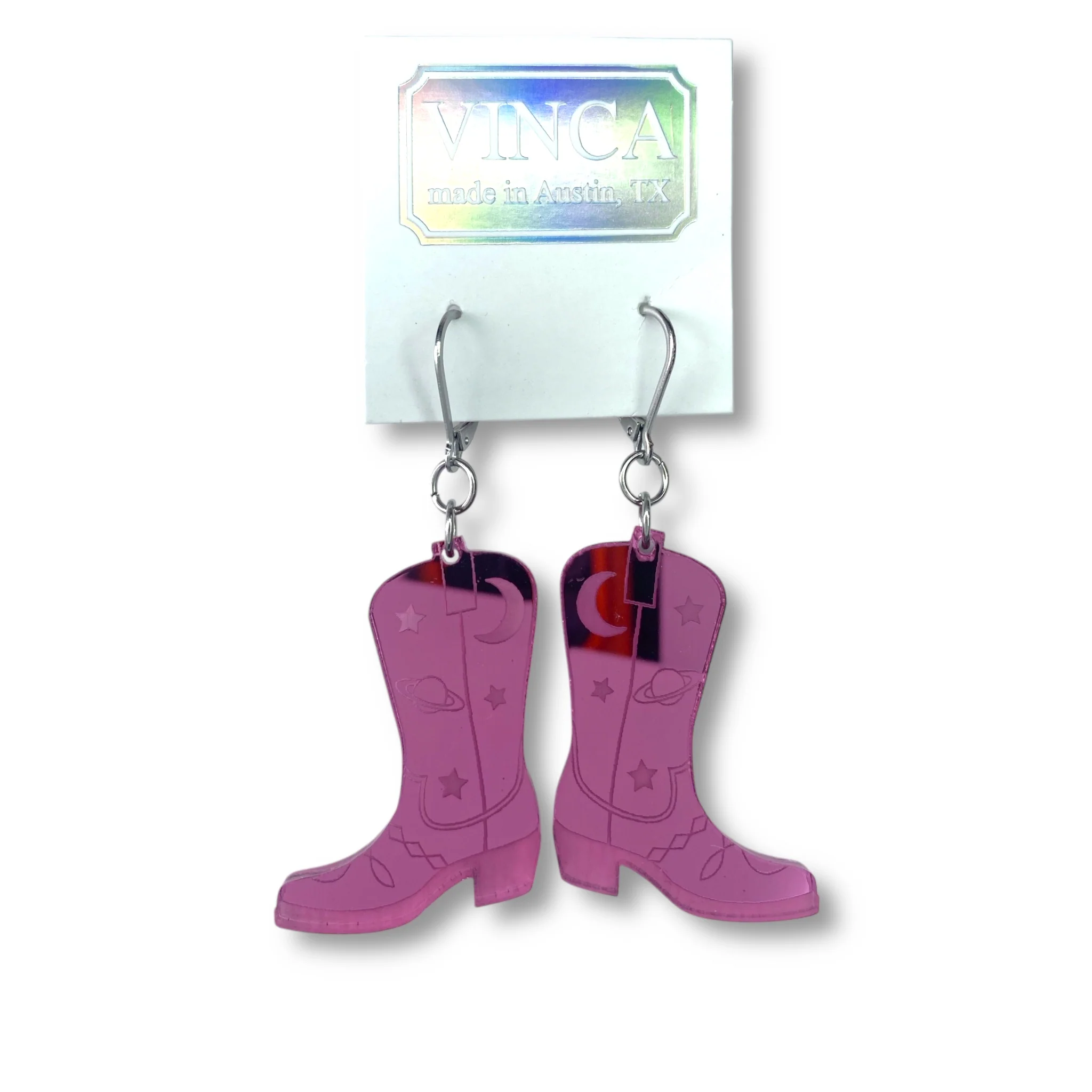 Space Cowboy Boot Dangle Earrings - Mirror Pink - Image 4