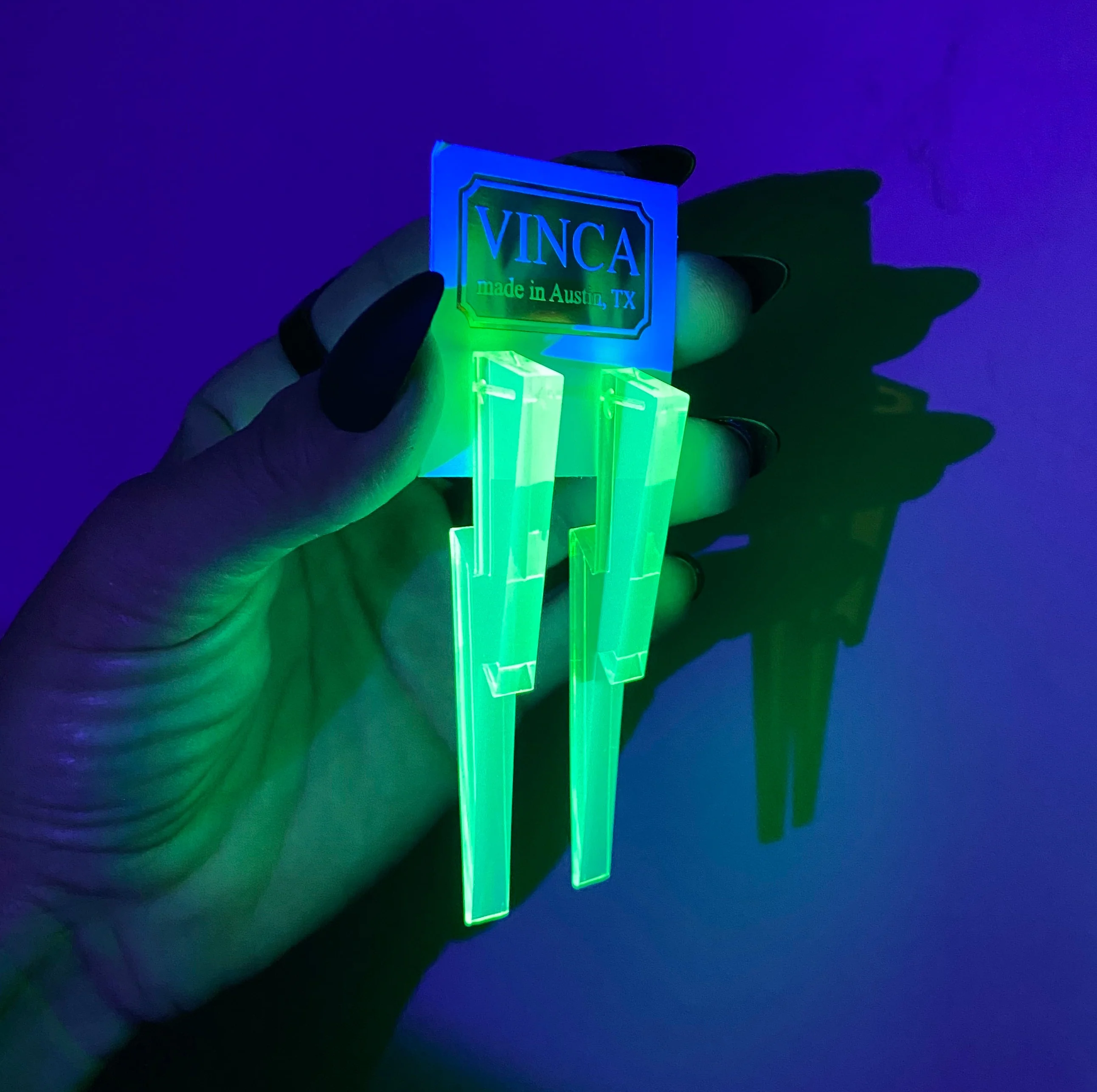 Chunky Statement Lightning Bolt Earrings in Black Light Reactive Clear Green - Image 3