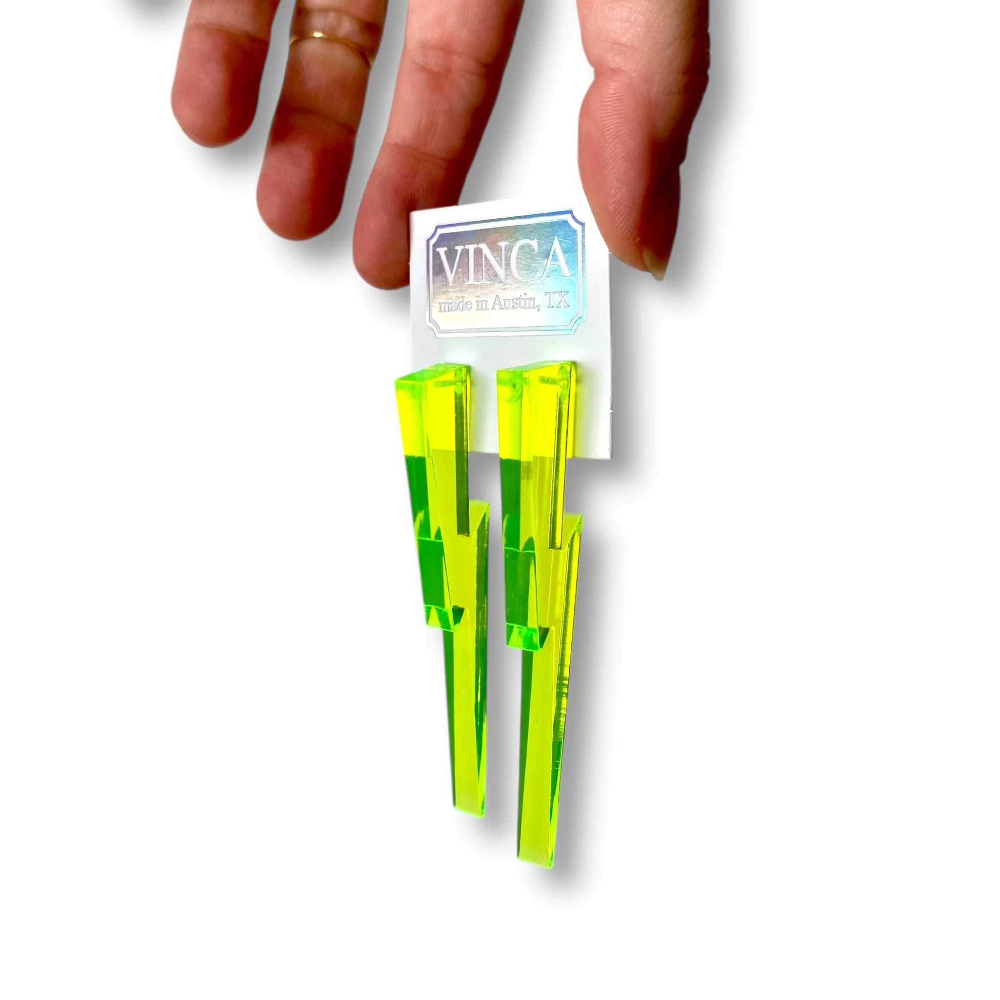 Chunky Statement Lightning Bolt Earrings in Black Light Reactive Clear Green - Image 4